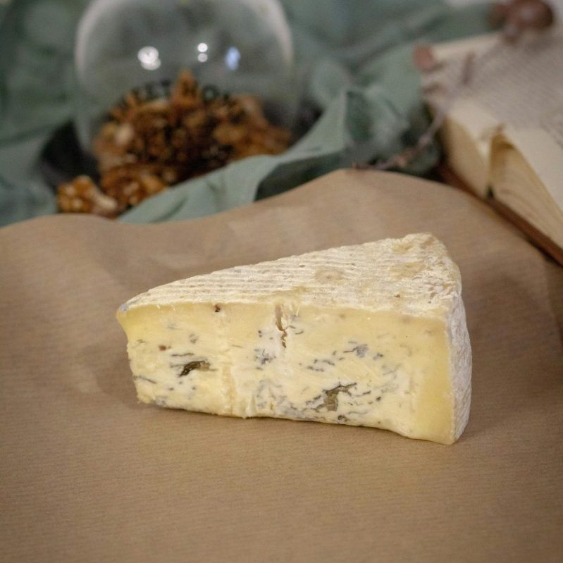 A slice of creamy Brie cheese on rustic paper, garnished with walnuts.